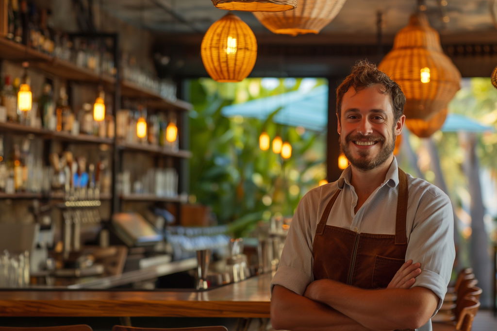 Man met handen over elkaar en een uitnodigende glimlach in een bar met een bruin schort