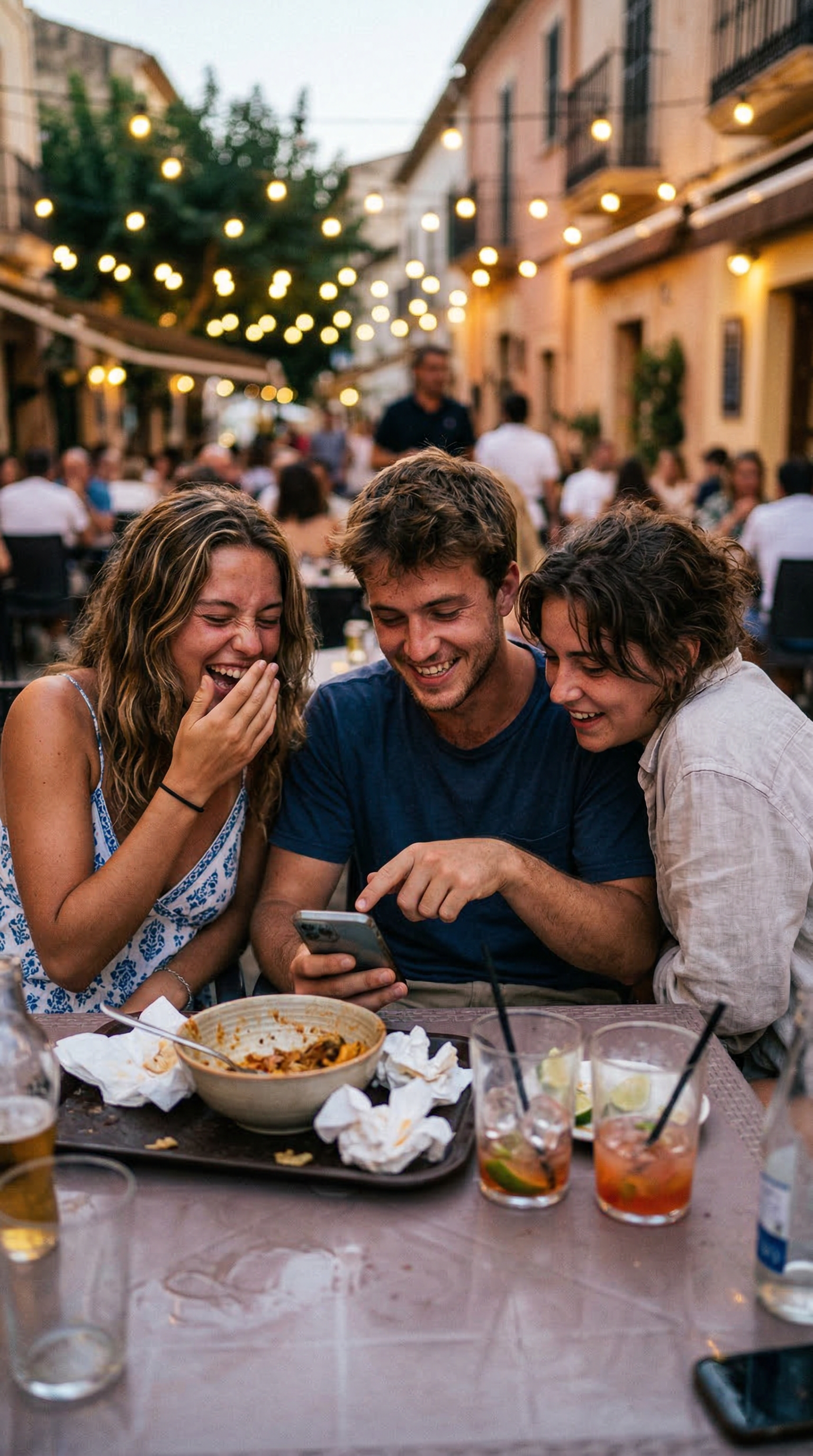Drei Freunde lachen gemeinsam in einem Straßenrestaurant an einem mediterranen Abend