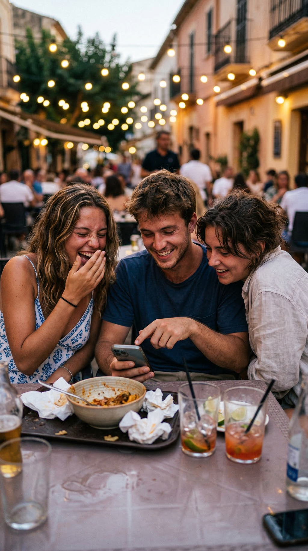 Drei Freunde lachen gemeinsam in einem Straßenrestaurant an einem mediterranen Abend